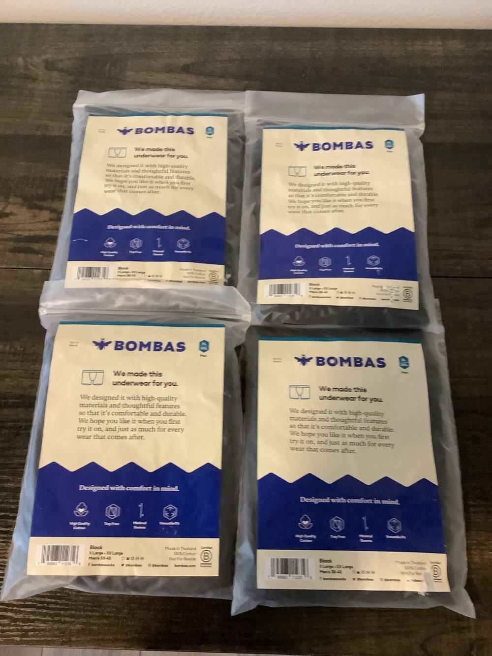 Lot of 4 Bombas Mens Cotton Boxer Briefs Size XL/XXL 38-45 Black NEW.